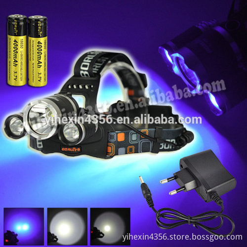 BORUIT RJ-3000 Purple Light Rechargeable LED Headlamp with Battery / Charger